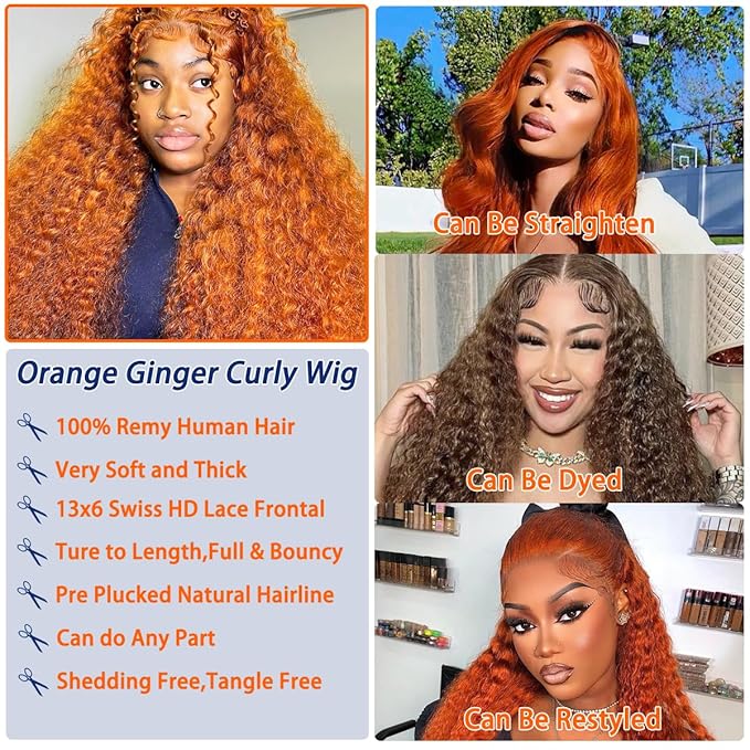 13x6 Ginger Lace Front Wig Human Hair 350# Deep Wave Lace Front Wigs for Black Women Orange Ginger Wig Human Hair Pre Plucked with Natural Hairline 210% Density 18Inch