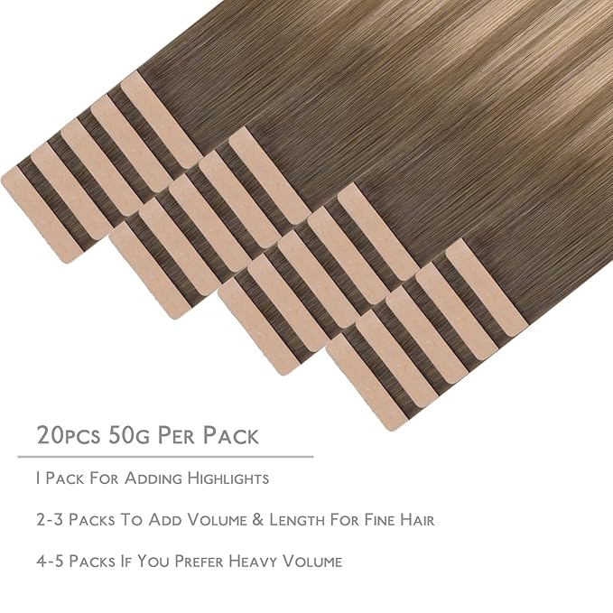 WENNALIFE Tape in Hair Extensions Human Hair, 20pcs 50g 18 inch Balayage Sandy Brown to Platinum Blonde Remy Hair Extensions for Women Tape Ins Straight Extensiones De Cabello Humano Skin Weft