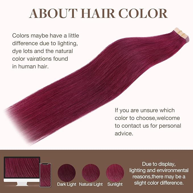 GOO GOO Tape in Hair Extensions Human Hair, Burgundy, 10inch 30g 20pcs, Skin Weft Seamless Invisible, Silky Straight with Thick Ends, Remy Human Hair