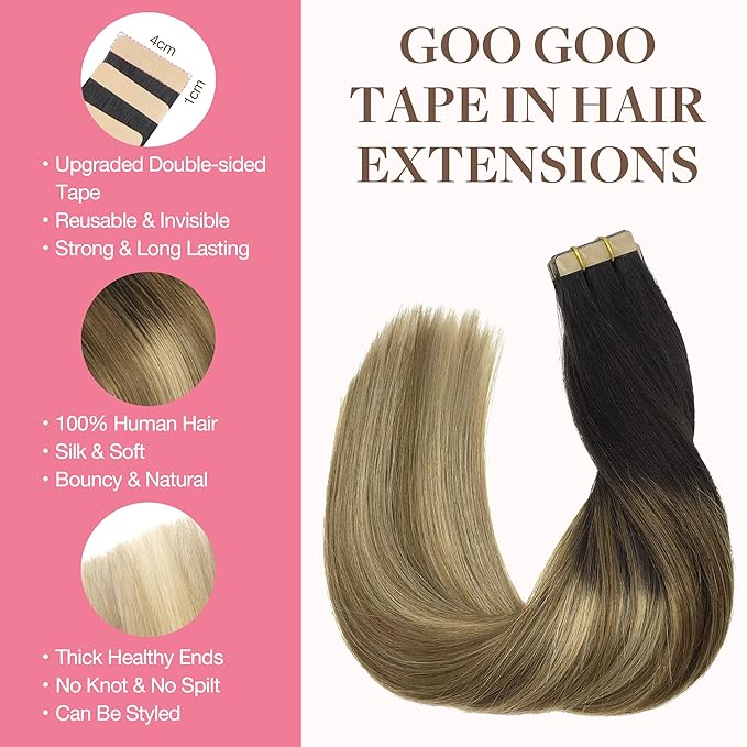 GOO GOO Tape in Hair Extensions Human Hair, 2/6/18 Balayage Brown to Dirty Blonde, 22inch 50g 20pcs, Thick Ends Straight Seamless, Invisible