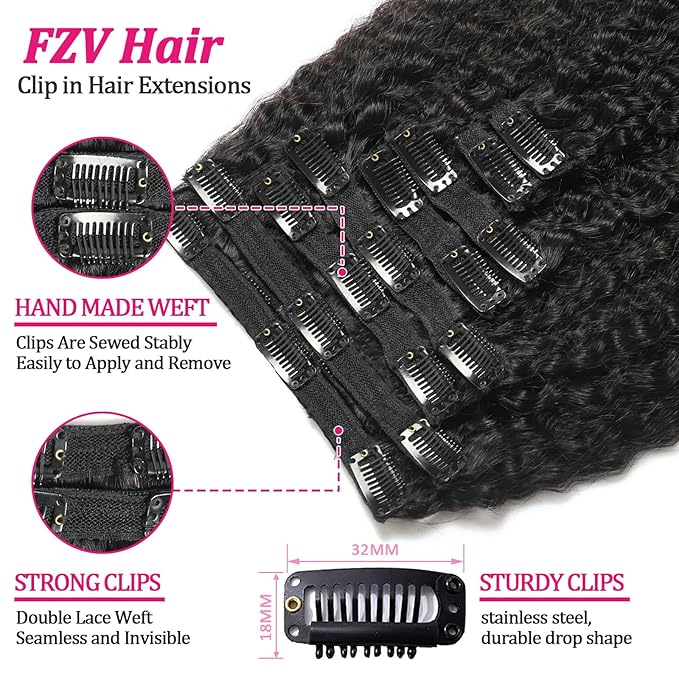 Clip in Hair Extensions Real Human Hair 20 Inch 8Pcs 120g Kinky Straight Clip Ins Full Head Brazilian Remy Hair Extensions for Women Natural Black Double Weft Clip In