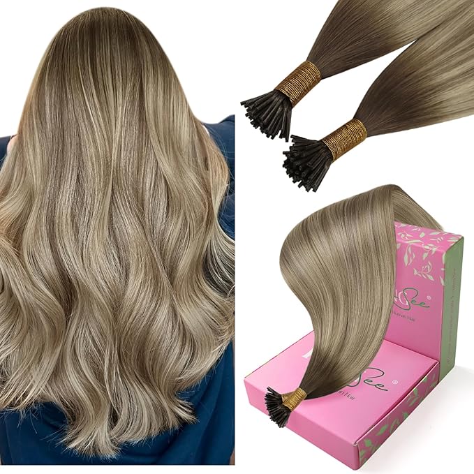 YoungSee I Tip Hair Extensions Human Hair Ombre 24 Inch I Tip Hair Extensions Balayage Light Brown to Brown with Blonde Itip Hair Extension for Office Women 50g 50s Pre Bonded Hair Extension