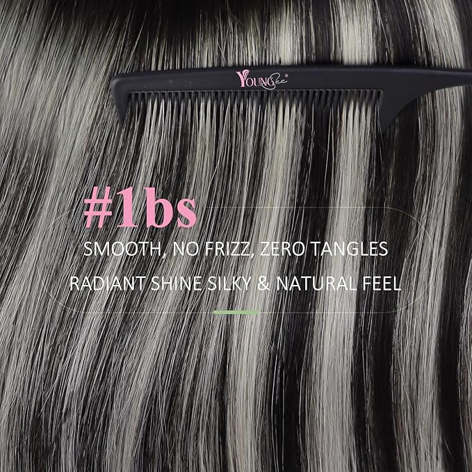 YoungSee Invisible Tape in Hair Extensions Real Human Hair Ombre Black Tape-in Remy Hair Extensions Blend Of Black and Silver Tape on Ombre Hair Extension for Long Straight Hair 24 Inch 50g 20pcs