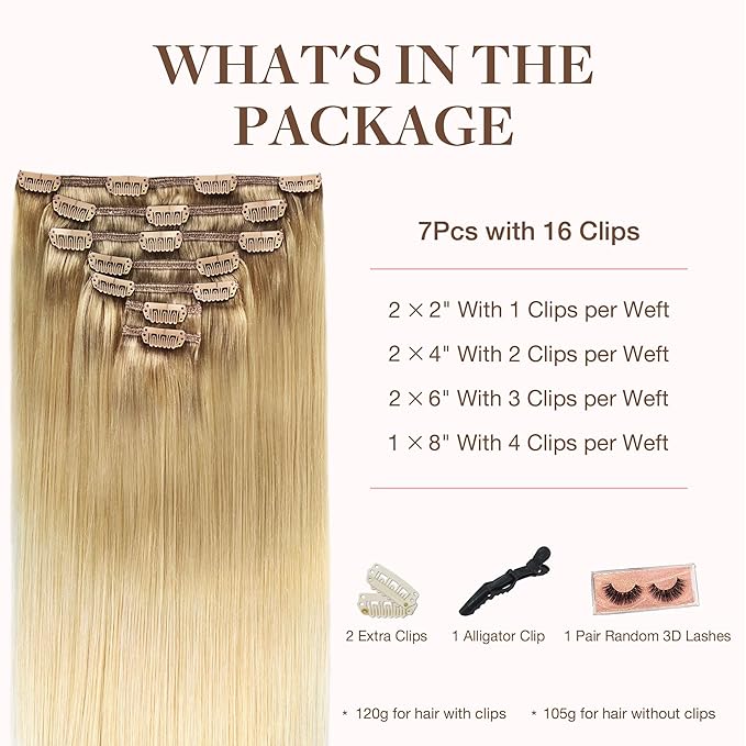 GOO GOO Clip in Hair Extensions Real Human Hair, Remy Human Hair Extensions Clip ins for Women, Natural Human Hair, 16inch 120g 7Pcs, #O7/60F