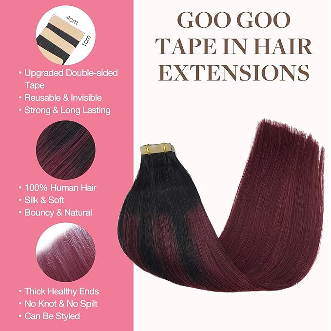 GOO GOO Tape in Hair Extensions Human Hair, 1/99 Balayage Jet Black to Red, 24inch 30g 10pcs, Skin Weft Seamless Invisible, Silky Straight with Thick Ends, Remy Human Hair