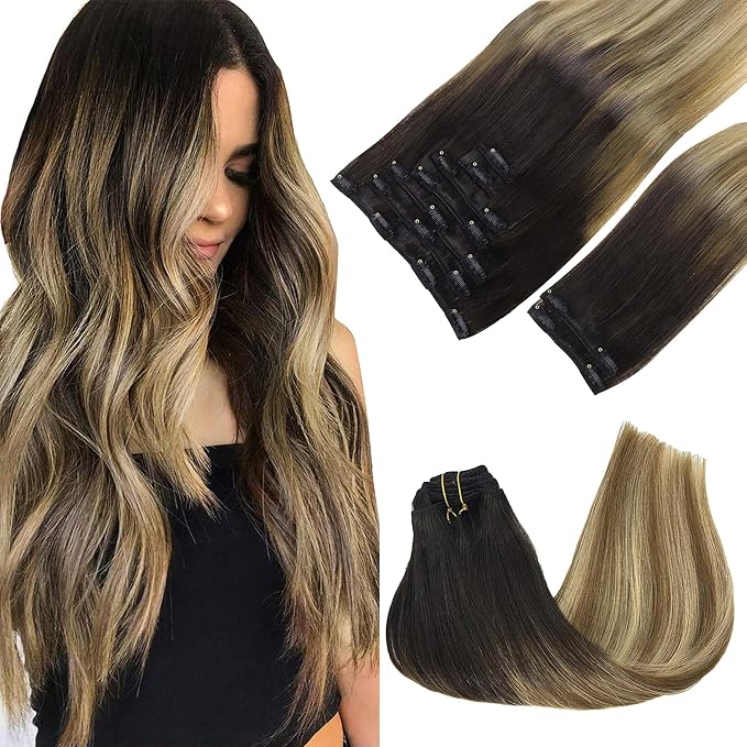 GOO GOO Clip in Hair Extensions Real Human Hair, Remy Human Hair Extensions Clip ins for Women, Natural Human Hair, 18inch 150g 9Pcs, 2/6/18 Balayage Brown to Dirty Blonde