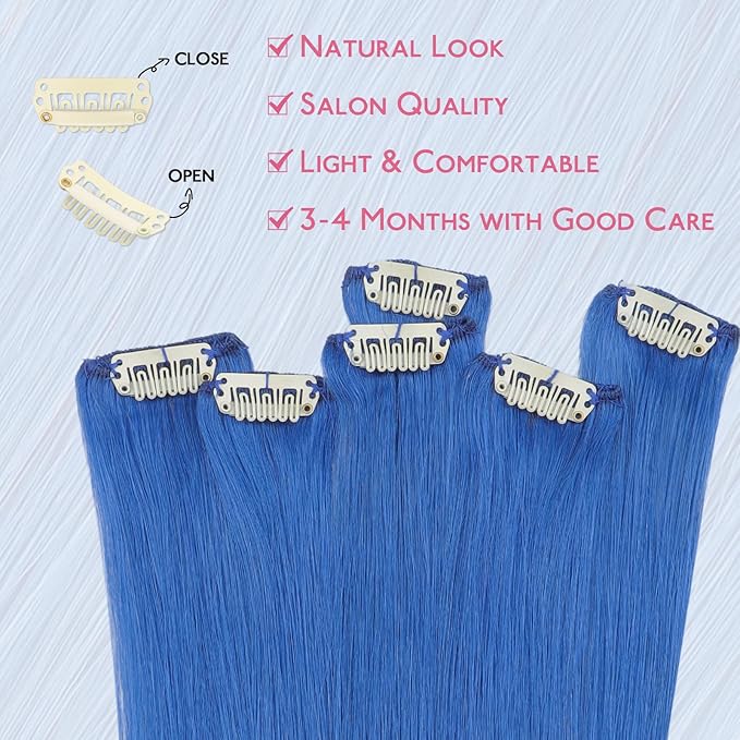 WENNALIFE Blue Clip in Hair Extensions Real Human Hair 35g 6pcs 18 Inch Colored Hair Extensions for Kids Women Colorful Hair Pieces Pop-up Style Straight Extensiones De Cabello Humano Con Clip