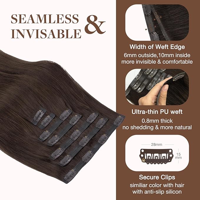 GOO GOO Clip in Hair Extensions Real Human Hair, Remy Human Hair Extensions Clip ins for Women, Natural Human Hair, 22inch 150g 7Pcs, 2A Light Brown