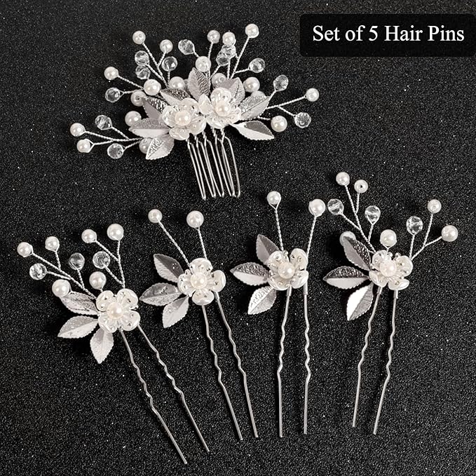 Wedding Hair Pins - Elegant Pearl Leaf Crystal Hair Accessories for Bridal Women (Silver)