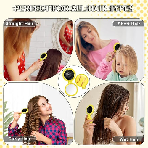12 Pcs Softball Mini Detangler Brush, Folding Mirror Hair Brushes, Mini Travel Hair Brush, No Tangle Soft Flexible Bristles for Straight, Curly, Thick Hair for Softball Team Gift Sport Party