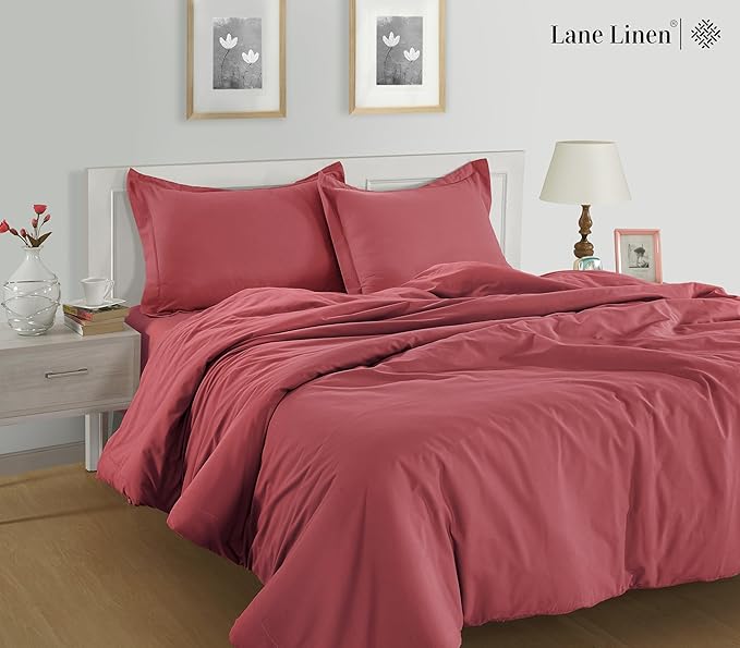 Lane Linen 100% Organic Cotton Pillow Cases - Set of 2 (20"x26") - Soft Red Cotton Pillowcases - Mineral Red