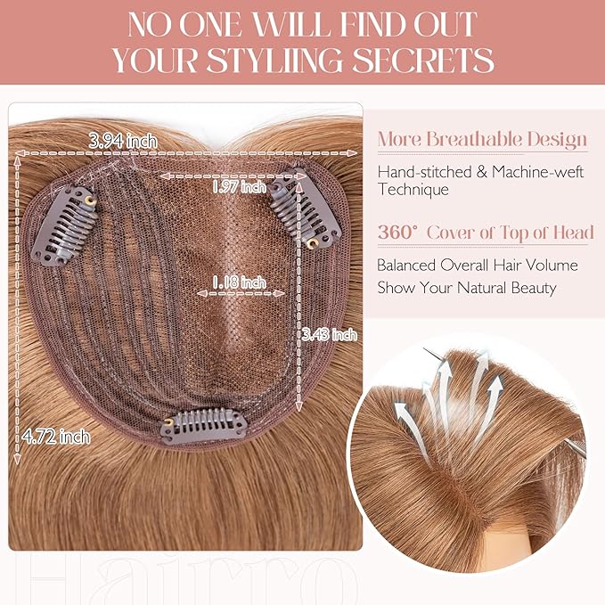 Hairro 100% Human Hair Topper No Bangs, Real Clip in Hair Hairpieces for Women, 3.94x4.72" Silk Base for Thinning Receding High Hairline, 10 Inch Light Brown Side Part