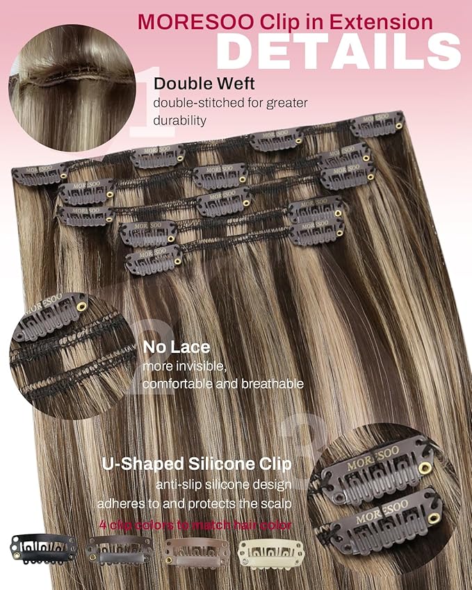 Moresoo Clip in Hair Extensions Brown with Blonde Highlights Human Hair Clip in Extensions Dark Brown with Honey Blonde for Short 80 Gram 5pieces Double Weft 10 inch