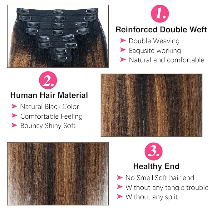 T1BP1B/30 Omber Kinky Straight Clip in Hair Extensions Real Human Hair For Women Highlight Hair Extensions Kinky Straight Clip ins(18inch,T1BP1B/30)