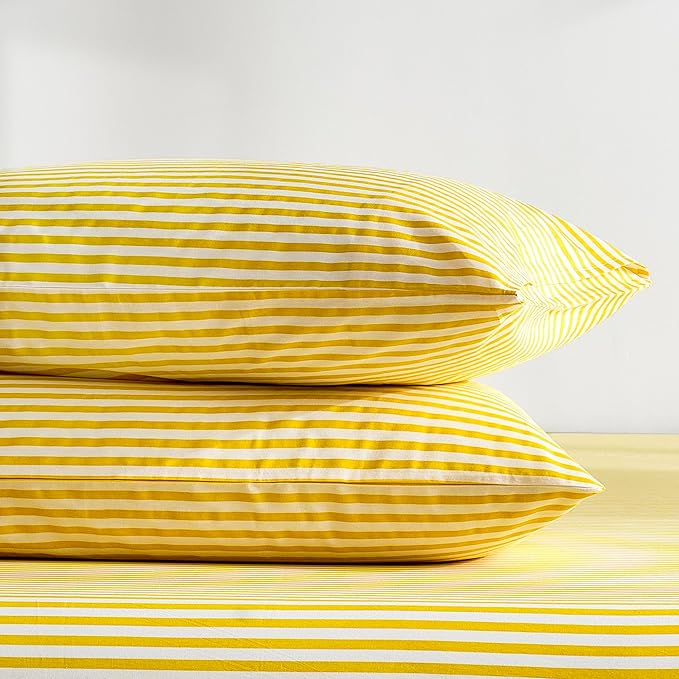 JELLYMONI 100% Natural Cotton Striped King Pillowcases Set, 2 Pack Bright Yellow Stripes Pattern Printed Pillow Covers with Envelope Closure(Pillows are not Included)