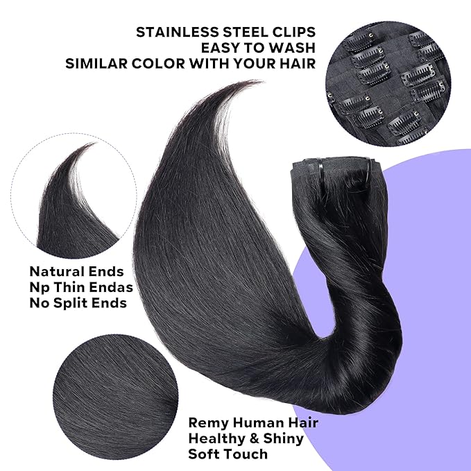 Seamless Clip in Hair Extensions Real Human Hair Straight Brazilian Virgin Human Hair Clip in Extensions for Women 8Pcs PU Clip in Remy Hair Skin Weft 18Clips 120g 26inch Natural Black