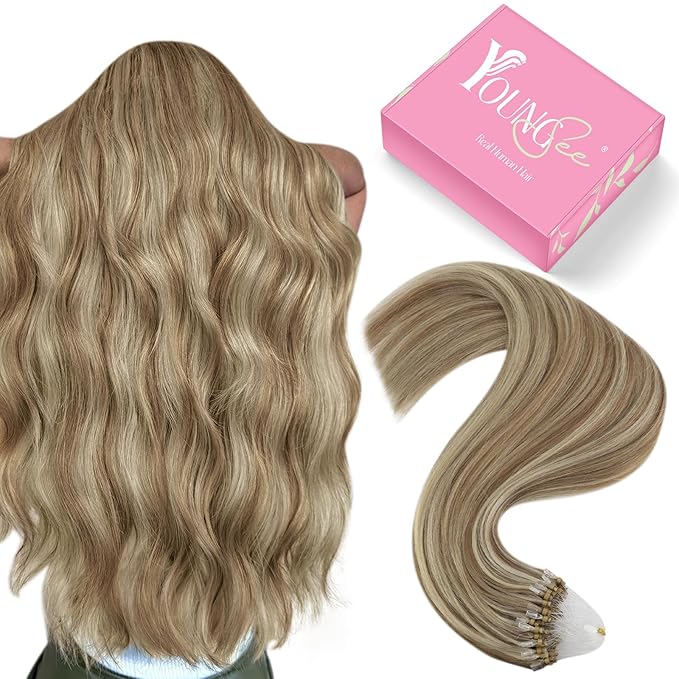 YoungSee Microlink Hair Extensions Brown Micro Bead Hair Extensions Real Human Hair Highlight Brown with Blonde Micro Ring Hair Extension Human Hair 20In Invisible Beaded Hair Extension 50s 50g