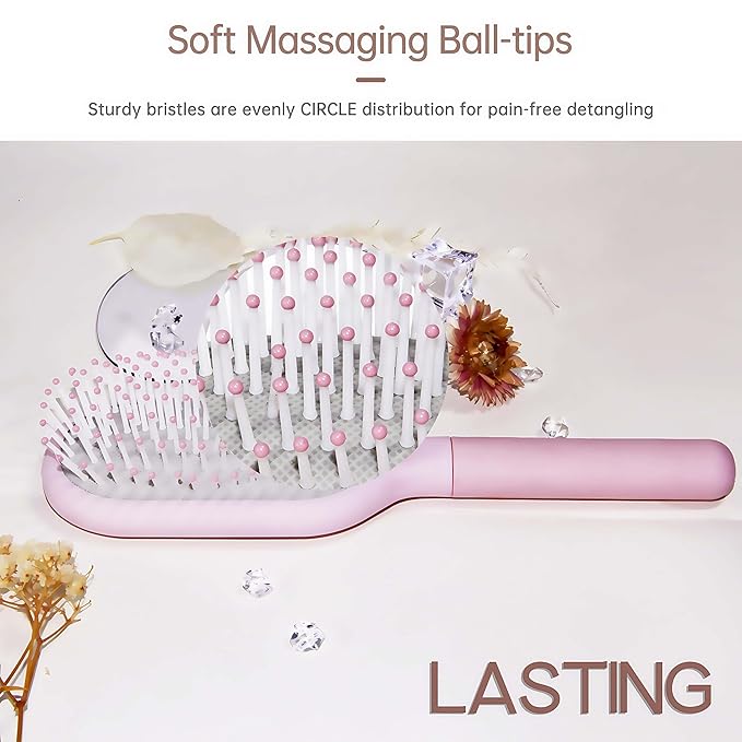 Hair Brush for Women, Detangler Brush Full Sized, Detangling Paddle Pain-free on All Hair Textures, Pink and Light Grey Cushion Base,1 Pack