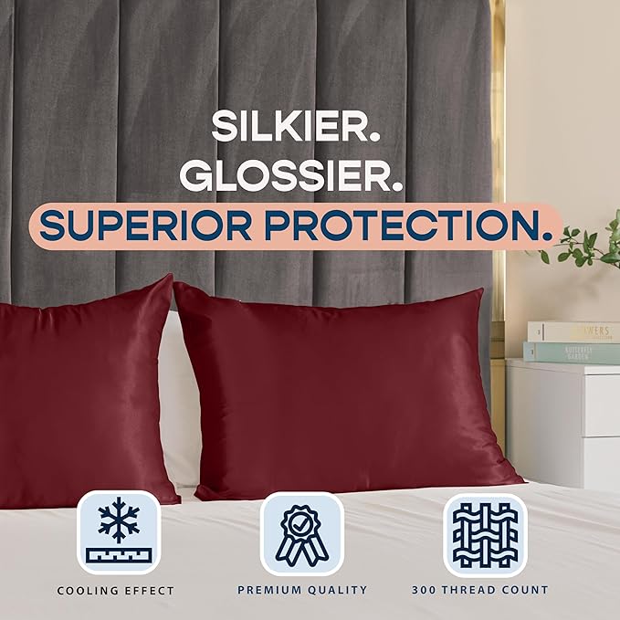 BLISSFORD Satin Pillowcase with Zipper, for Hair and Skin Care, Feels Soft and Cool Like a Silk Pillowcase, Satin Pillow Cases 2 Pack, Slik Pillow Cover, Burgundy, Queen, Set of 2