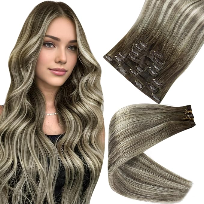 Full Shine 16 Inch Seamless Clip in Hair Extensions Balayage Remy Human Hair Clip in Brown to Platinum Blonde Real Human Hair Clip ins Softness 8 PCS 120 G