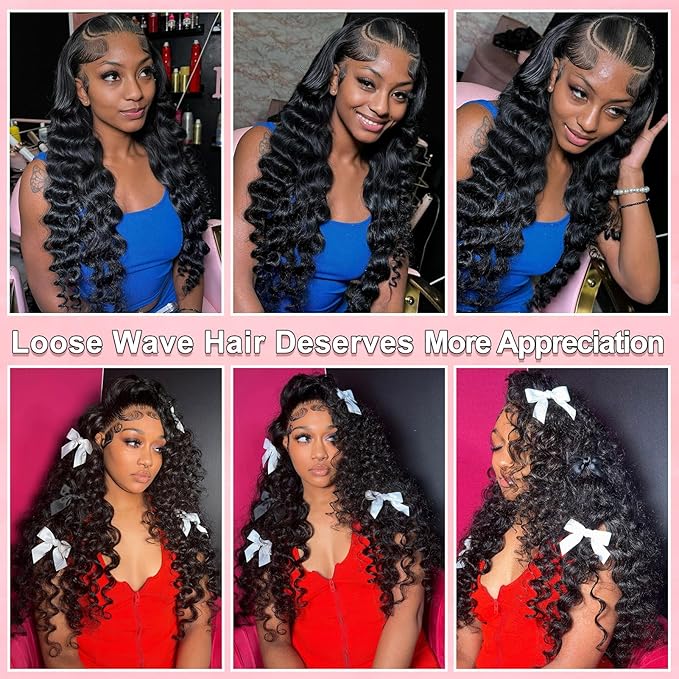 MEIMEI 13x6 Loose Wave HD Lace Front Wigs Human Hair 200 Density 100% Real Human Hair 15A Loose Deep Wave Wig Human Hair Pre Plucked, No Synthetic Blend No Tangle No Shedding Triple Lifespan 3X