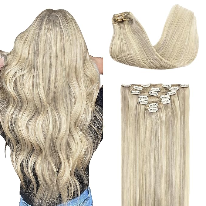 GOO GOO Clip in Hair Extensions Real Human Hair, Remy Human Hair Extensions Clip ins for Women, Natural Human Hair, 24inch 170g 7Pcs, #17A/60A Ash Blonde Highlighted Platinum Blonde