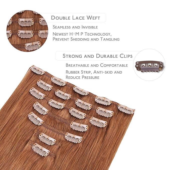WENNALIFE Clip in Hair Extensions Real Human Hair, 16 Inch 120g 7pcs Cinnamon Terra Copper Remy Hair Straight Natural Extensiones De Cabello Humano Con Clip Ins