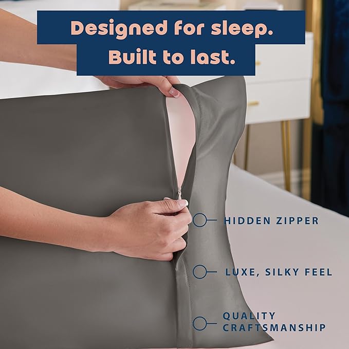 BLISSFORD Satin Pillowcase with Zipper, for Hair and Skin Care, Feels Soft and Cool Like a Silk Pillowcase, Satin Pillow Cases 2 Pack, Slik Pillow Cover, Dark Grey - Standard Size