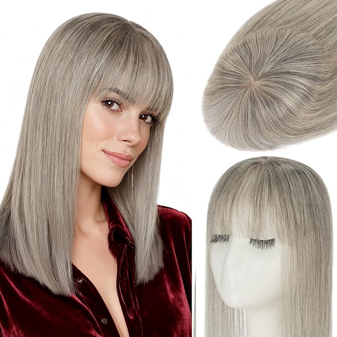 Rich Choices Human Hair Toppers for Women-100% Real Remy Hair Topper with 3D 360°Bang-Upgraded 150% Density 9 * 12CM Lace Base-Clip in Hairs topper for Thinning Hairs-14Inch #G3 Salt and Pepper Grey