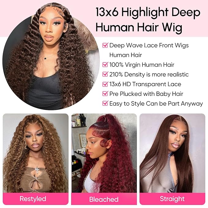 13x6 Deep Wave Lace Front Wigs Human Hair Chocolate Brown 210 Density HD Lace Front Wigs Human Hair Curly Wig Pre Plucked Human Hair Glueless Frontal Wigs with Baby Hair 32Inch