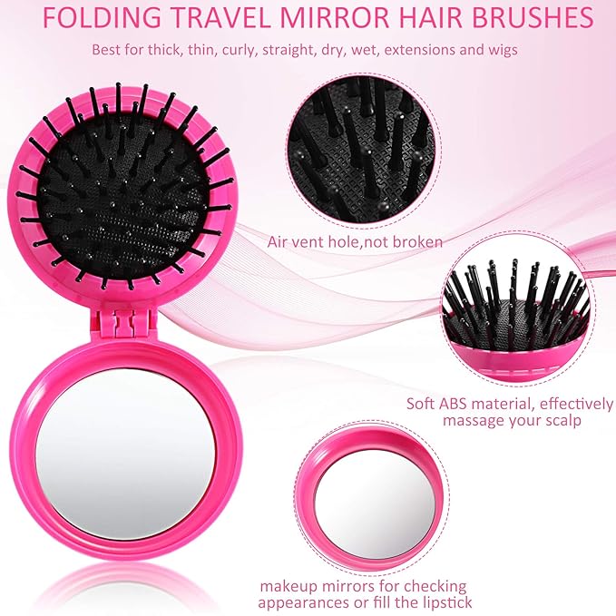 Boao 2 Pack Foldable Travel Mirror Hair Brushes Round Portable Folding Pocket Hair Brush Mini Comb Compact Travel Size Massage Comb for Men Women (Black, Rose Red)