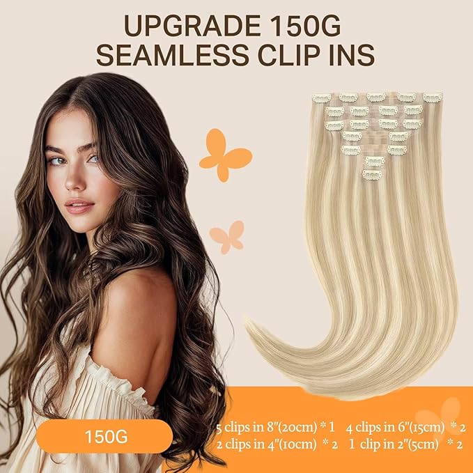 DOORES Seamless Clip in Hair Extensions, Dark Blonde Highlighted Bleach Blonde 16 Inch 130g 7pcs, Virgin Straight Human Hair Extensions for Women