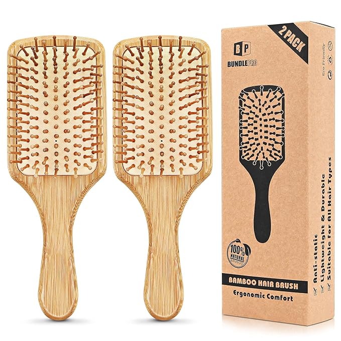 Pack of 2 Hair Brush with Natural Boar Bristles, Massages Scalp Anti-Static Hair Detangle for All Types, Lightweight (Paddle)