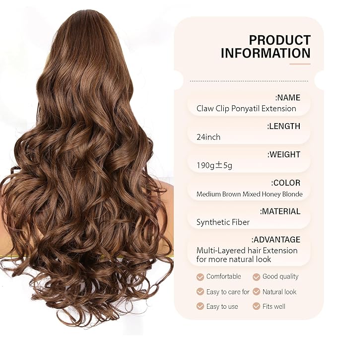 24 Inch Ponytail Extension, Clip on Ponytails for Women, Long Curly Wavy Ponytail Extensions for Women, Synthetic Layered Pony Tails Hair Extensions (Color: Medium Brown Mixed Honey Blonde)