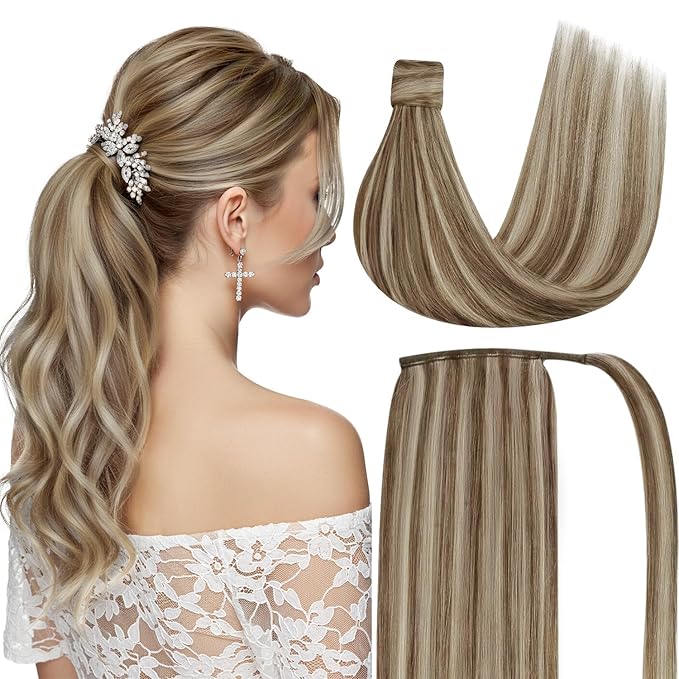 Ve Sunny Hair Extensions Ponytail Real Human Hair Wrap Around Clip in Ponytail Hair Extensions Straight Extensions Human Hair for Women Light Brown Highlights Platinum Blonde 22inch 80G