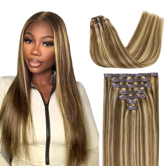 Lashey Clip in Hair Extensions Real Human Hair Straight 7pcs 120g Balayage Ash Brown to Honey Blonde 24 Inch Long Hair Extensions for Black Women