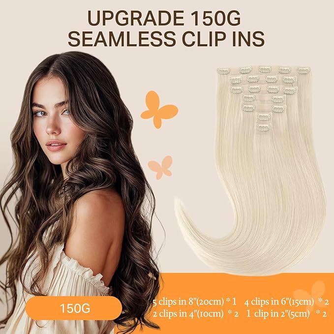 DOORES Clip in Hair Extensions Human Hair, Platinum Blonde 130g 7pcs 18 Inch, Virgin Human Hair Clip in Extensions Silky Straight Weft