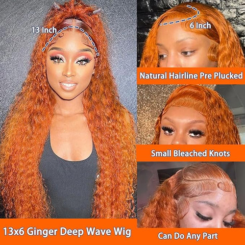 13x6 Ginger Orange Deep Wave Lace Front Wigs Human Hair Pre Plucked 210% Density Curly HD Lace Front Wig Human Hair 350 Ginger Wig Human Hair Glueless Wigs for Women 24Inch