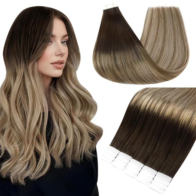 Full Shine Hair Extensions Tape Ins 16 Inch Invisible Tape in Hair Extensions Color 2 Fading to 6 and 18 Ash Blonde 50g Human Hair Tape in Extensions 20PCS Seamless Remy Extensions Add Volume