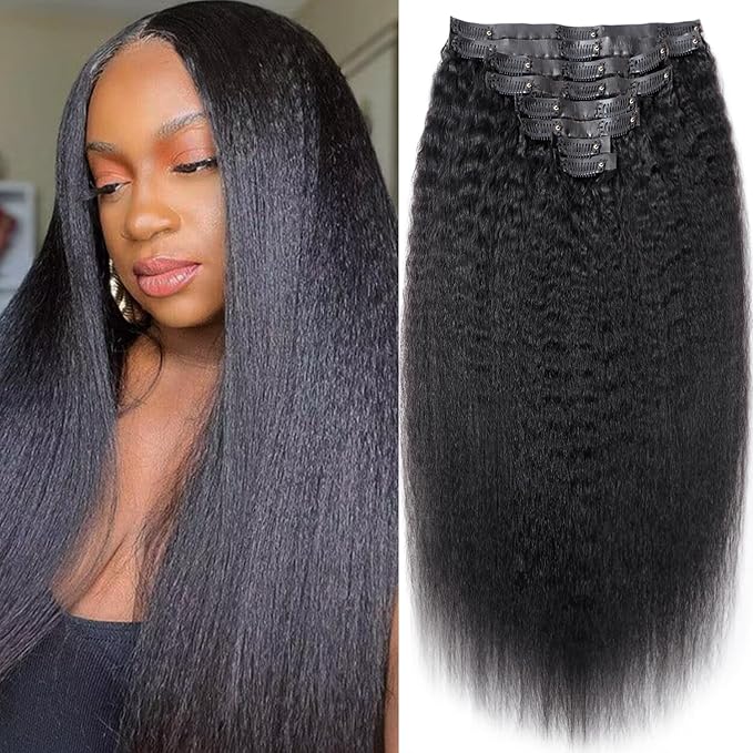 Seamless Kinky Straight Clip In Hair Extensions Invisible PU Weft Kinky Straight Clip Ins Human Hair Extensions 8pcs with 18Clips Per Set 120g(22inch,Natural Black)