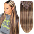 Straight Clip in Hair Extensions Real Human Hair 110g Remy Human Hair 8pcs 18Clips Clip on Extensions Soft Silky Hair for Fashion Women Chocolate Brown to Honey Blonde Hair Extensions (#P427)
