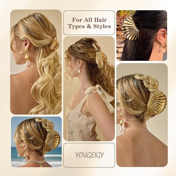 2 PCS Metal Hair Clips for Women, Durable & Elegant Seashell Gold Hair Clips for Styling, Metal Claw Clips for Thick Thin Hair, Strong Hold Decorative Hair Accessories Holiday Christmas Gifts