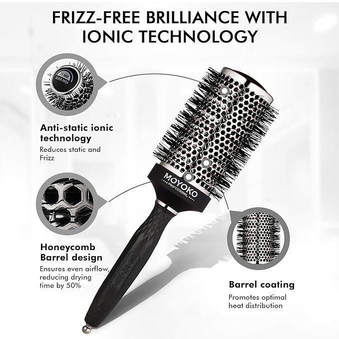 Silver Arch Round Brush for Blow Out (55mm) Professional Metal Round Hair Brush for Blow Drying Hair with Sectioning Pin, Salon Quality with Anti-Static Ionic Technology
