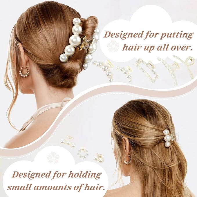 Pearl Hair Accessories for Women - 8Pack Claw Clips for Thick and Thin Hair, Barrettes for Styling and Weddings