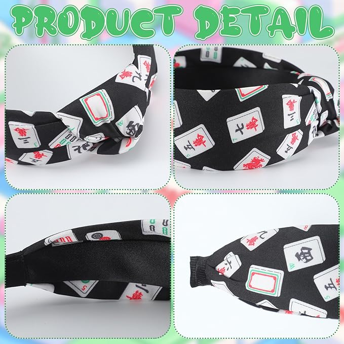 Norme 4 Pcs Mahjong Headbands Mahjong Tiles Knotted Headbands Trendy Wide Mah Jong Knotted Hairbands Colorful Fabric Non Slip Fashion Top Hair Accessories Mah Jong Gifts for Women Girls, 4 Styles