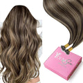 YoungSee Nano Ring Hair Extensions Brown Highlight Nano Beads Hair Extensions Real Human Hair Dark Brown Highlights Caramel Blonde for Daily Wear Nano-Link Remy Hair Extension 14 inch 50s 50g