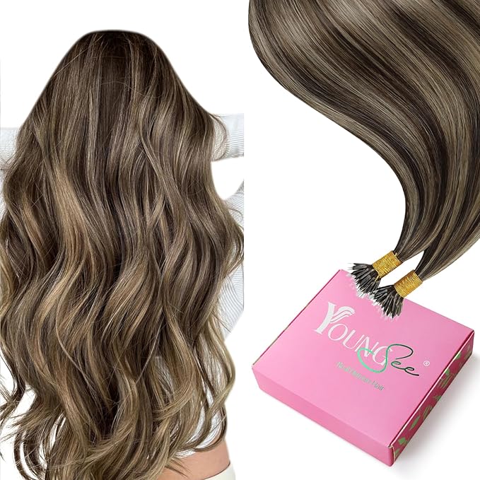 YoungSee Nano Hair Extensions Real Human Hair Brown Highlight Nano Bead Human Hair Extensions Dark Brown Highlights Caramel Blonde Nano Ring Hair Extension Straight Cold Fusion 18inch 50s 50g