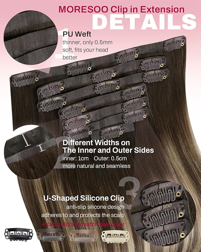 Moresoo Seamless Hair Extensions Clip in Dark Brown with Caramel Blonde Balayage Hair Extensions Clip in Human Hair Short Pu Skin Weft for Women 14inch 7pcs 120g