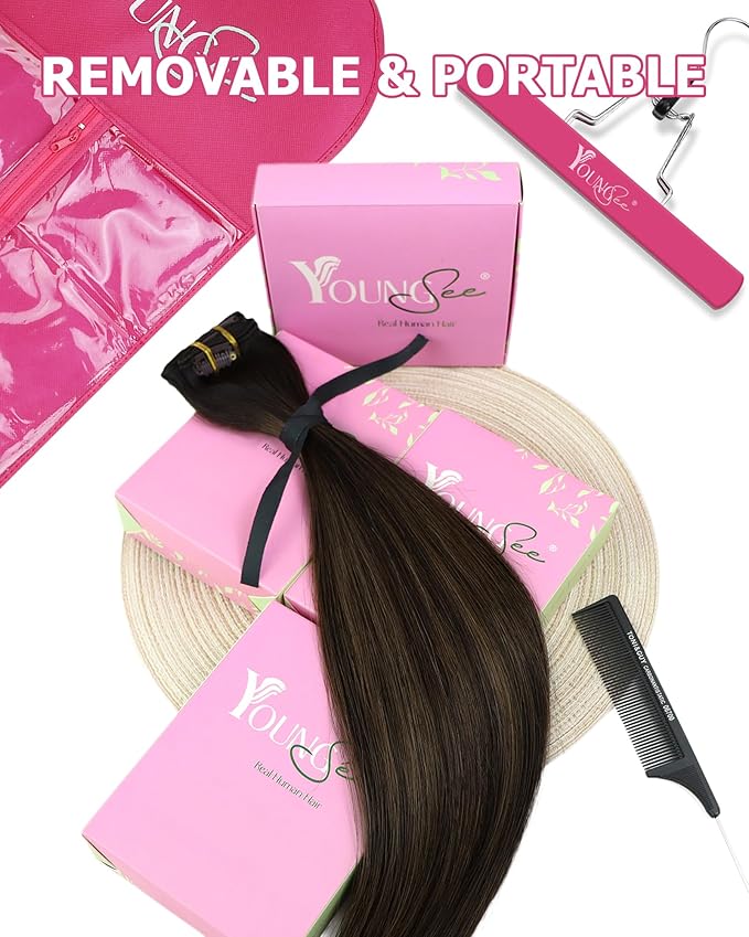YoungSee Dark Brown Hair Extensions Clip ins Balayage Clip in Human Hair Extensions Dark Roots to Medium Brown Clip on Hair Extension for Women 14inch 120g