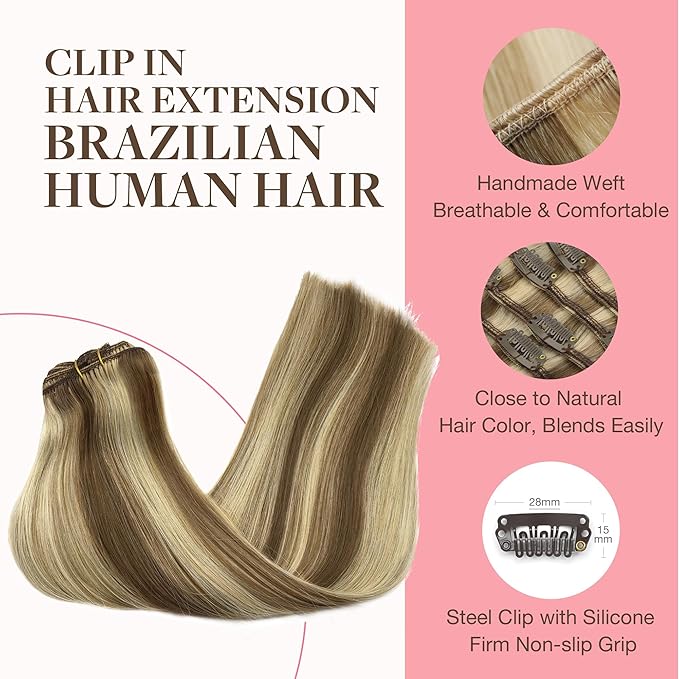 GOO GOO Clip in Hair Extensions Real Human Hair, Remy Human Hair Extensions Clip ins for Women, Natural Human Hair, 22 Inch 170g 7Pcs, 8A/22 Medium Brown Highlighted Golden Blonde